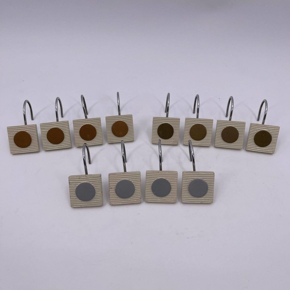 Set of 12 Shower Curtain Hooks Silver Bronze Gold Dot Squares Decorative Bath - Picture 1 of 7